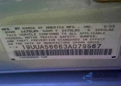 2003 Acura 3.2Tl from USA, damaged, VIN 19UUA56663A079567
